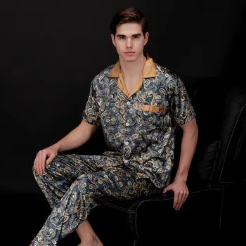 

Men's Stain Silk Pajama Set For Summer Sleepwear Men Sexy Male Nightgown Short Sleeves Long Pants Loungewear Autumn 2PCS