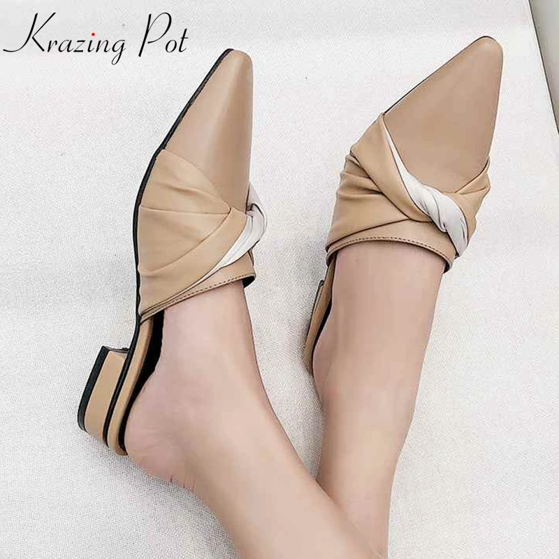 

Krazing Pot new full grain leather thick low heels pointed toe slingback butterfly-knot mules women slip on streetwear pumps L89