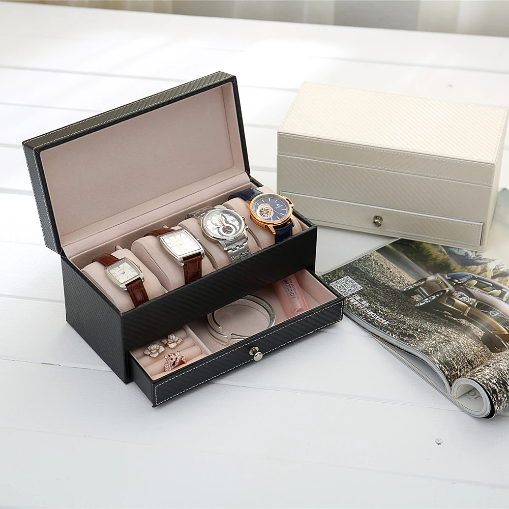 4Grids CF Rectangle leather watch Box Jewelry Box with drawer make up organizer watch jewelry Casket storage box saat kutusu charming simulation piano style jewelry storage box with wind up music effect