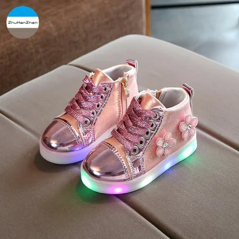 Детская спортивная обувь, модная повседневная обувь для девочек, светодиодный светильник, обувь принцессы с цветами, детские ботинки высокого качества - Цвет: Розовый