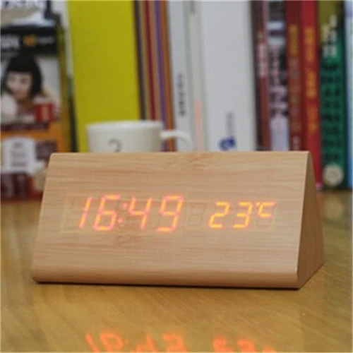 Акустический контроль календарь термометр с сигнализацией деревянные треугольные Часы светодиодный дисплей цифровые часы с секундами xyzTime-6035B-Clock - Цвет: Bamboo clock Red