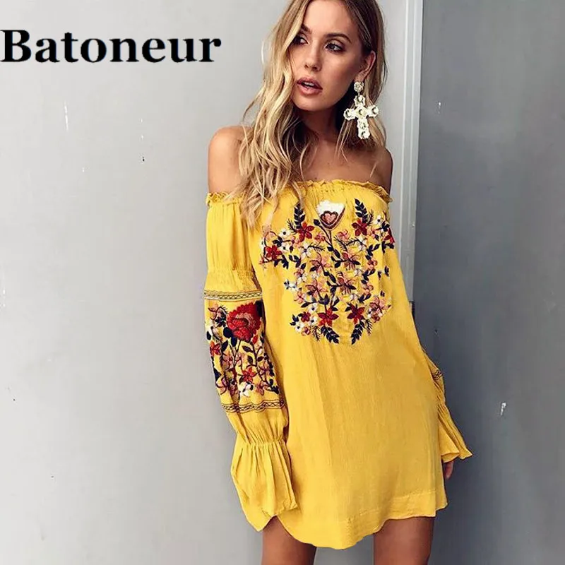 Summer-Boho-Embroidery-Floral-Beach-Dress-Chiffon-Mini-Women-Yellow-Off-Shoulder-Flower-Short-Dress-Lantern (2)