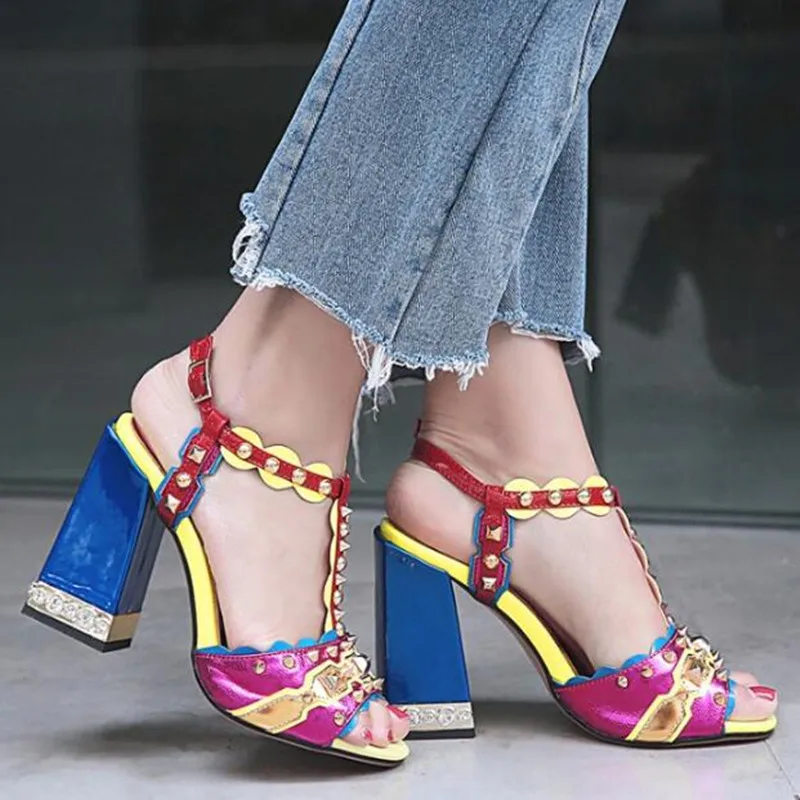 

Summer Celebrity Fashion Woman Shoes Strappy Sandals Holiday Party Sandals High Heels Top Gloria Multicolour Patchwork Pumps