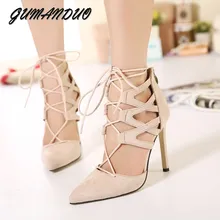 GUMANDUO New women pumps high heels shoes woman gladiator cross strapped pointed toe party wedding dress