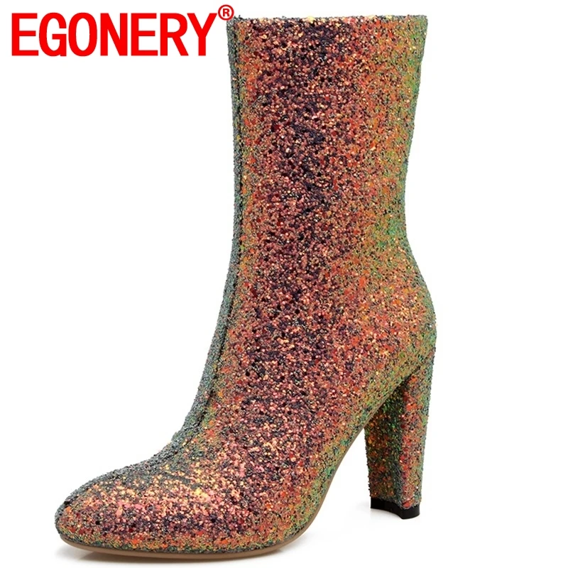 

EGONERY women shoes 2019 winter new fashion sexy bling sequined cloth mid calf boots outside high hoof heels round toe zip boots