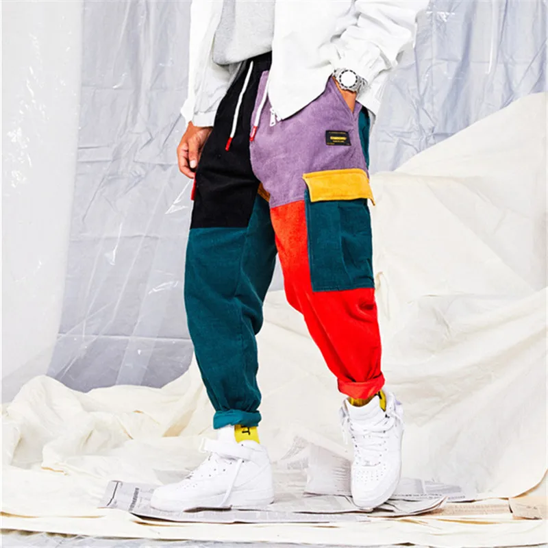 Хип брюки для девочек Винтаж цвет блок лоскутное вельветовые шаровары уличная Harajuku Sweatpant 2019 Новая мода повседневные штаны