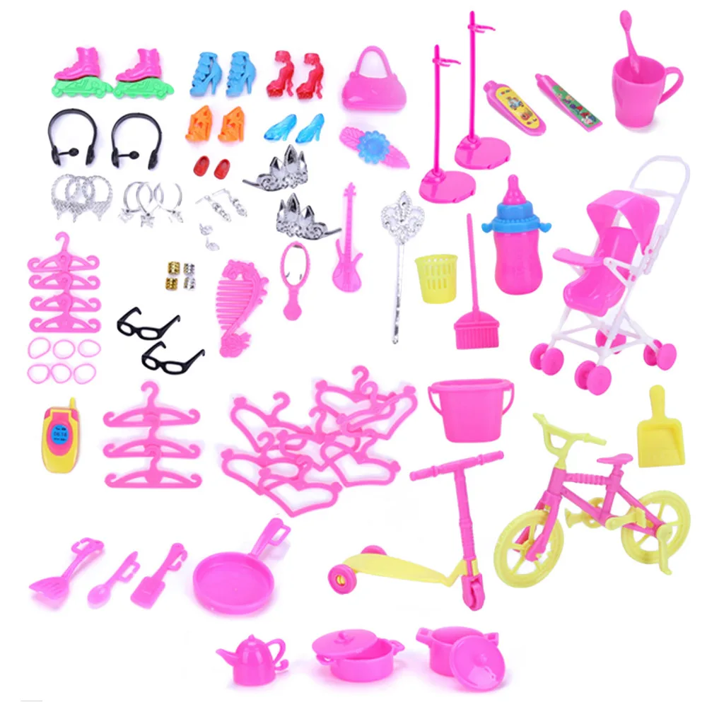 

98 Pcs Complete Doll Accessories Kit High Heels Shoes Kitchen Hanger Supplies Cleaning Tool Clothing Accessories for Barbie Toys