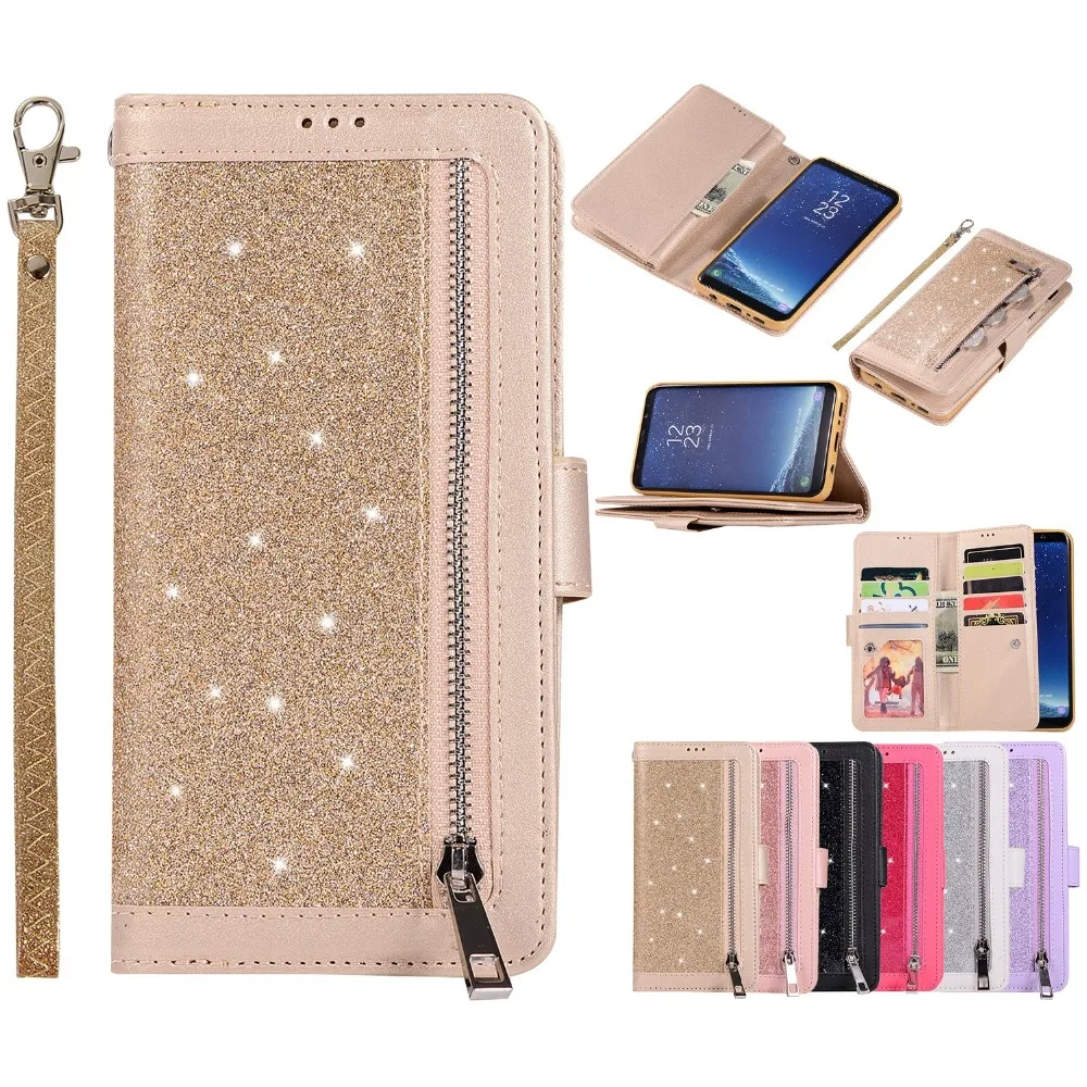 

Glitter Zipper Leather Case For Samsung Galaxy S10 Plus S9 S8 S7 Edge Note 10 Plus 9 A6 A7 A8 2018 J5 J3 Wallet Phone Bag EEMIA