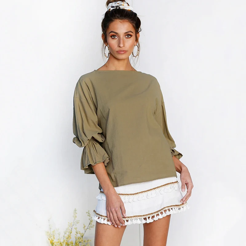 Pleated Lantern Sleeve O Neck Solid Women Shirts 2019 Fashion Flare Sleeves Hollow Out Casual Lady Blouses Woman's Feminine Top