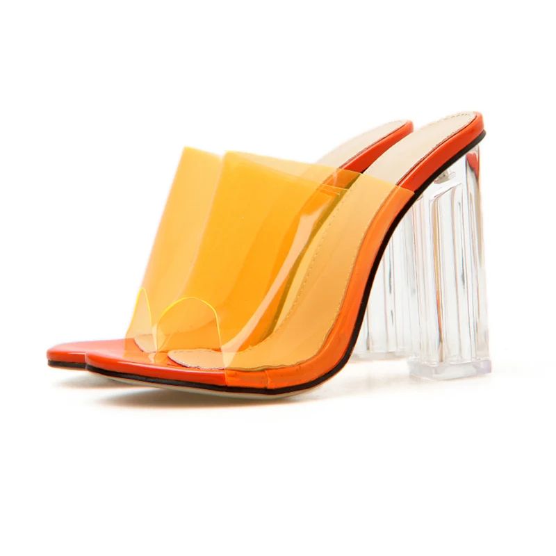 Большие размеры 35-42; летние женские босоножки на высоком каблуке 11,5 см; пикантные оранжевые женские прозрачные босоножки; обувь на блочном каблуке