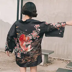 Модный японский стиль Черное кимоно Солнце одежда Лето Женский Летний Карп узор шифоновый кардиган кимоно женское