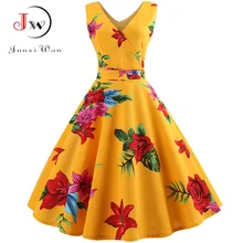 Verano Mujer vestido elegante Vintage Floral túnica Sundress Sexy V cuello trabajo Oficina fiesta vestidos de talla grande Midi Robe Pin Up