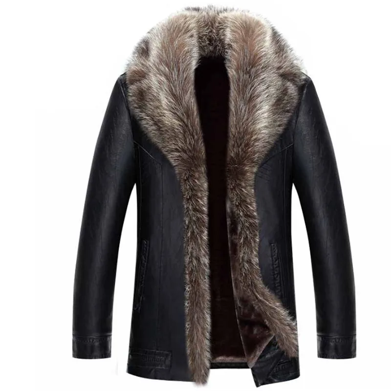 

New Real Raccoon Fur Collar coat Men Faux Leather Jackets Winter Thicken Coat jaqueta de couro chaqueta Men PU Leather
