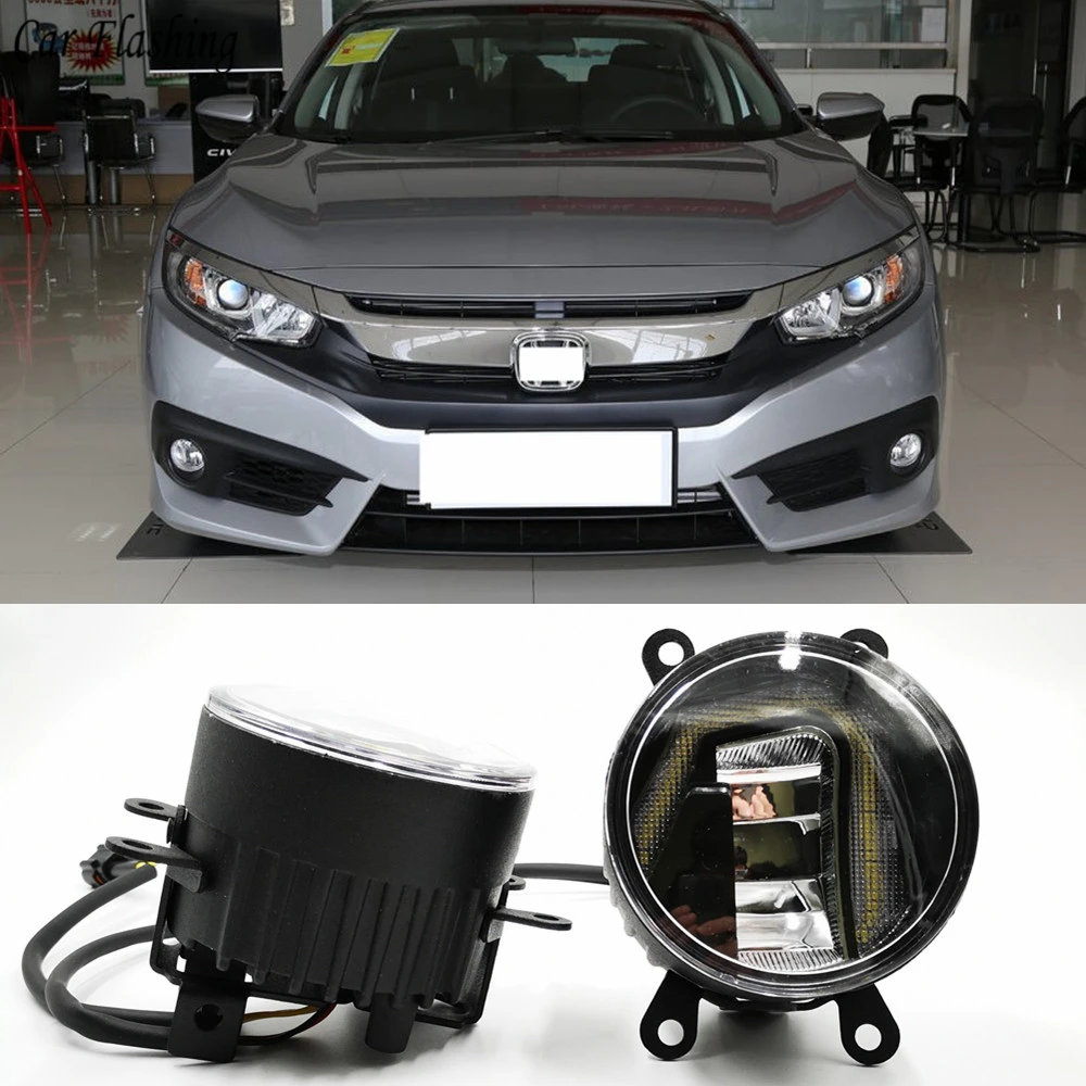 

3-IN-1 Functions Auto LED DRL Daytime Running Light Car Projector Fog Lamp with yellow signal For Honda Civic 2016 2017 2018