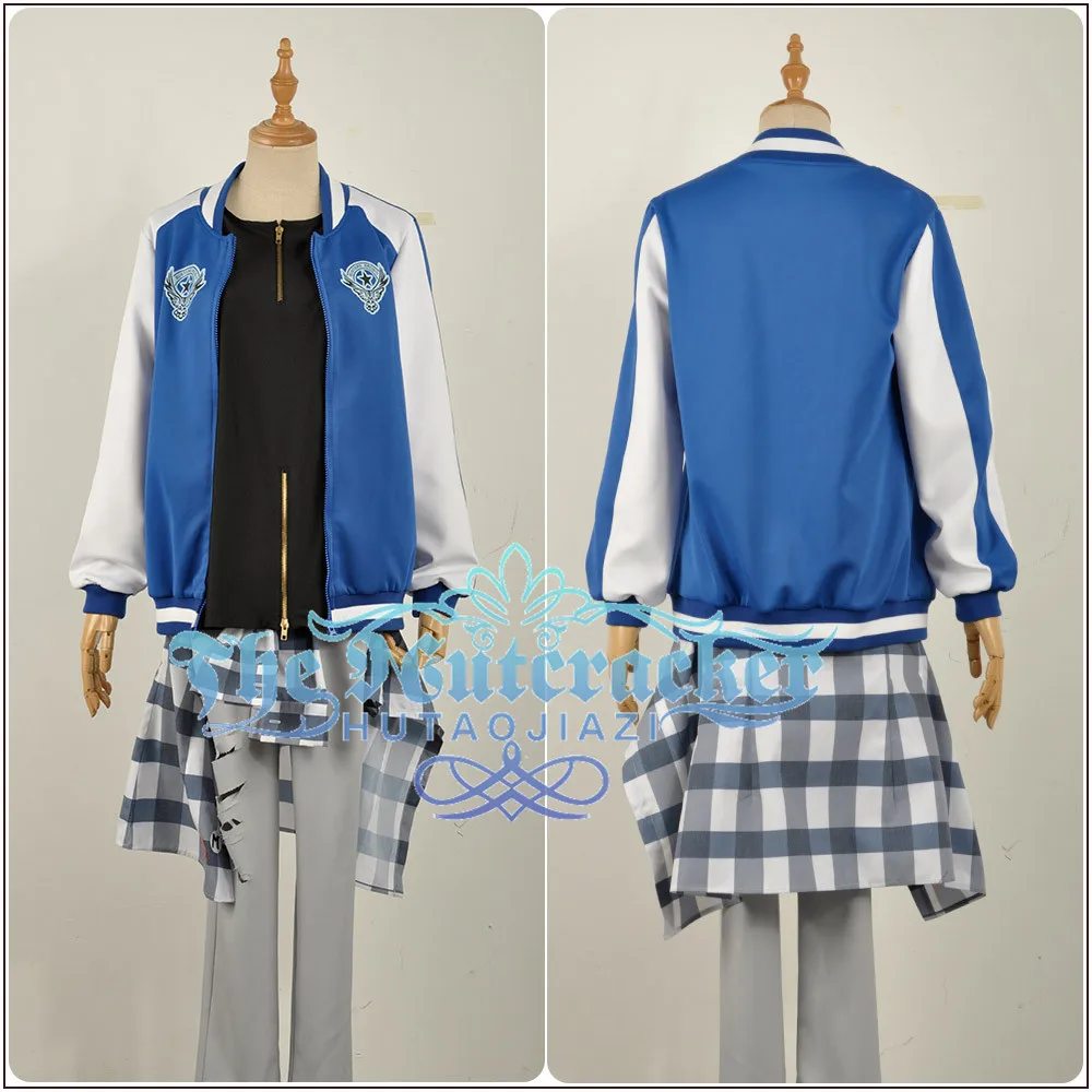 Games Voice Actor Yamada Nirou Cosplay Costume Custom Long Sleeve Blue Jacket Pants Plaid Shirt Black Short Curly Wig Halloween