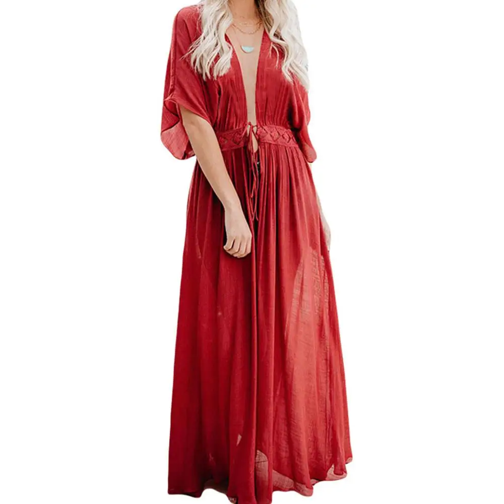 

New Women Ladies Boho Long Kaftan Maxi Dress Slubbed Beach Cover Up Party Dress Solid Color