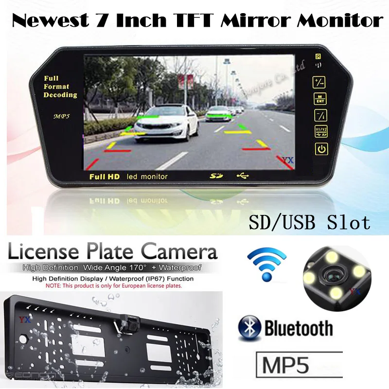 

Wireless Multimedia Function Auto 7 inch Monitor FM MP4 MP5 Bluetooth with Car European License plate Rear view camera For car