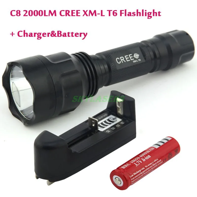 Классический Стиль C8 XM-L T6 светодио дный 2000LM 5-Режим фонарик Torch light+ 18650 Перезаряжаемые аккумулятор+ Зарядное устройство