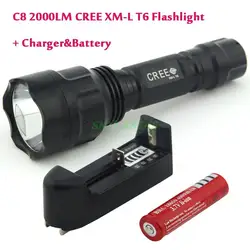 Классический Стиль C8 XM-L T6 светодио дный 2000LM 5-Режим фонарик Torch light + 18650 Перезаряжаемые аккумулятор + Зарядное устройство Бесплатная доставка