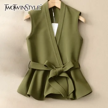 

GALCAUR Lace Up Waistcoat For Women Sleeveless V Neck High Waist Bow Draped Vest 2020 Spring Summer Fashion New Clothing