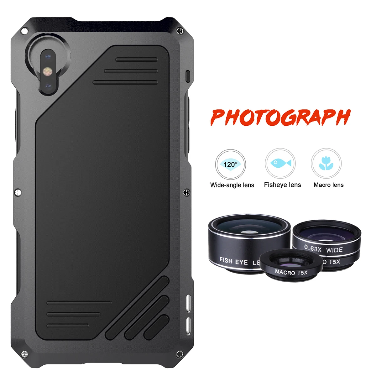 Широкоугольный макро объектив "рыбий глаз" комплект для iphone XS XR XsMax Роскошный металлический каркас силиконовый бампер Shockproof360 Защитная обшивка чехол