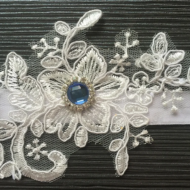 Wedding Garter Blue Rhinestone White Embroidery Floral Sexy Garters for Women/Female/Bride, Thigh Ring Bridal Leg Garter