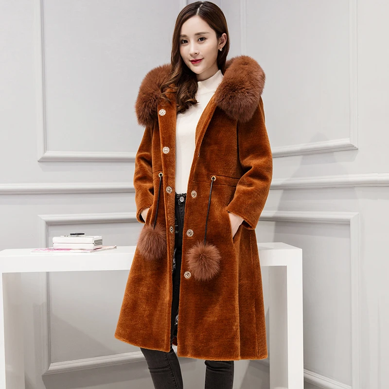 

real fur coat with fox fur hood and long sleeve 2017 winter jacket women outerwear china fashion wool coats
