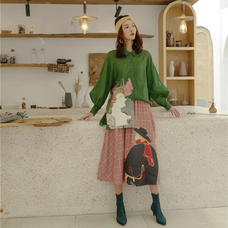 

2 Pieces Set Sexy Summer Fashion Women Set 2019 Female Tops Character Printed Green Long Sleeve Blouse+Plaid Mid Calf Skirt Suit