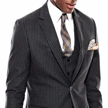 

2017 new Custom Made Dark Grey Pinstripe wedding Men Suit Pinstriped Blazer (Jacket+Pant+Vest) Formal terno masculino mens Suits