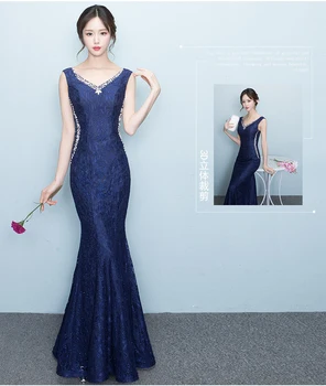 

Sweet Memory Navy Blue V Neck Long Mermaid Trumpet Bridesmaid Dresses Sw0019