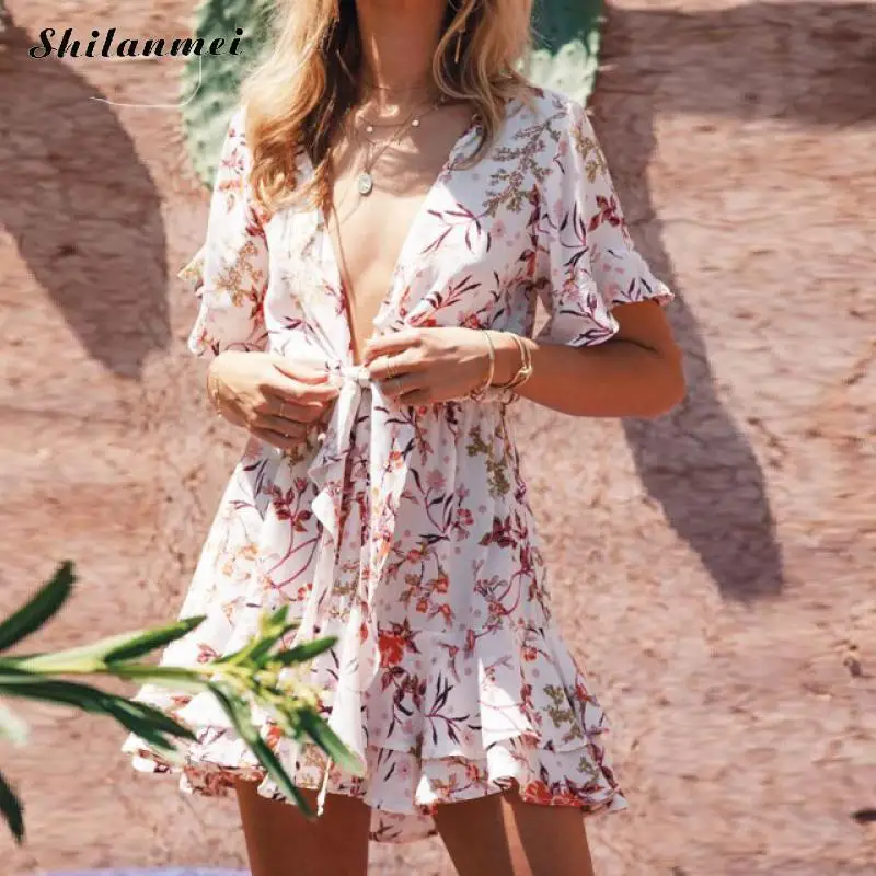 

Summer Floral Dress Women Dresses 2019 Ladies Boho Dress Sundress Flare Sleeve V-Neck Mini Dresses Lace Up Summer Beach Dress