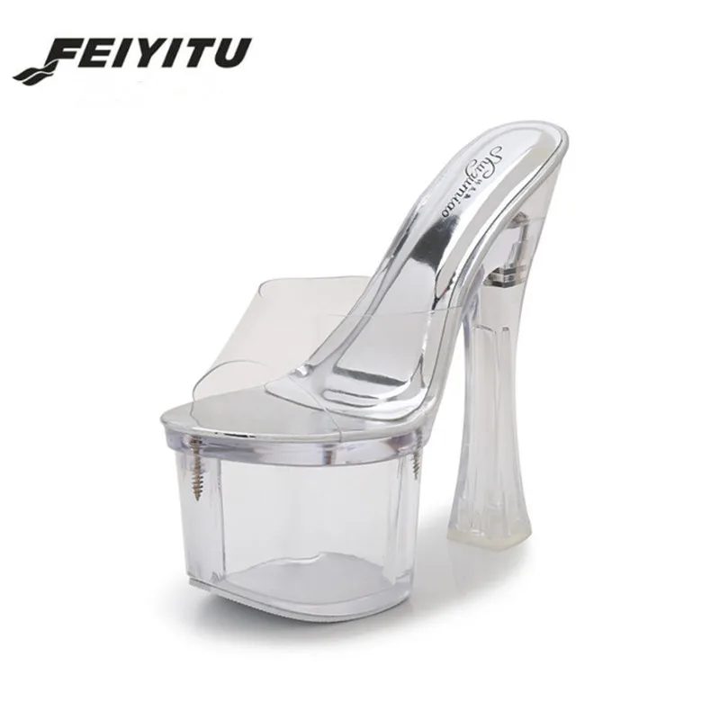 FeiYiTu/женские шлепанцы Сезон лето 2018 Пикантные со стразами на каблуке 17 см