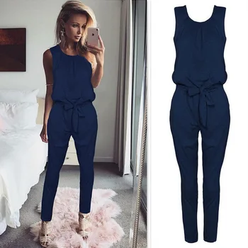 

Tank Solid Long pants women's sleeveless fashion jumpsuit overall Long romper belt 2017 O Neck