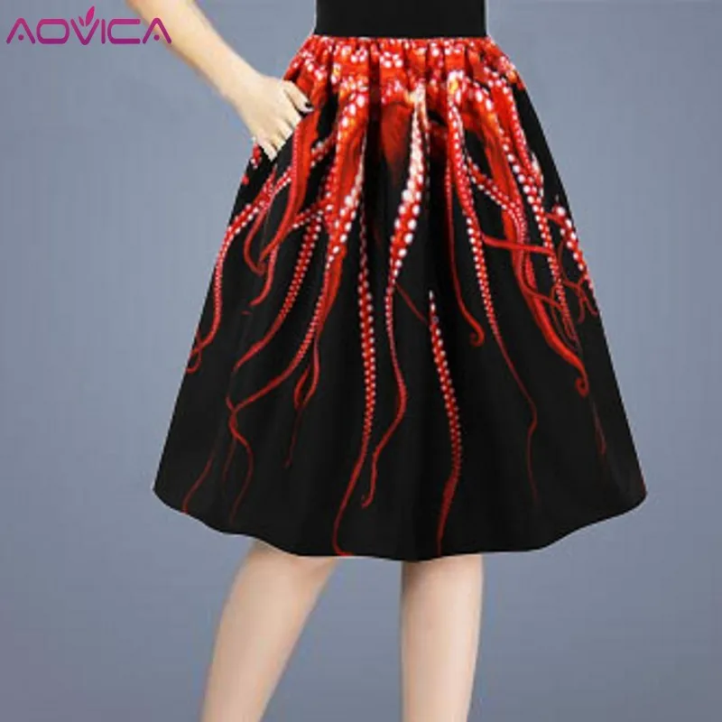 

Aovica 3XL 4XL Plus Size Women Summer Pleated Skirts Vintage Octopus Printed Cocktail Party High Waist Knee Length A Line Skirt