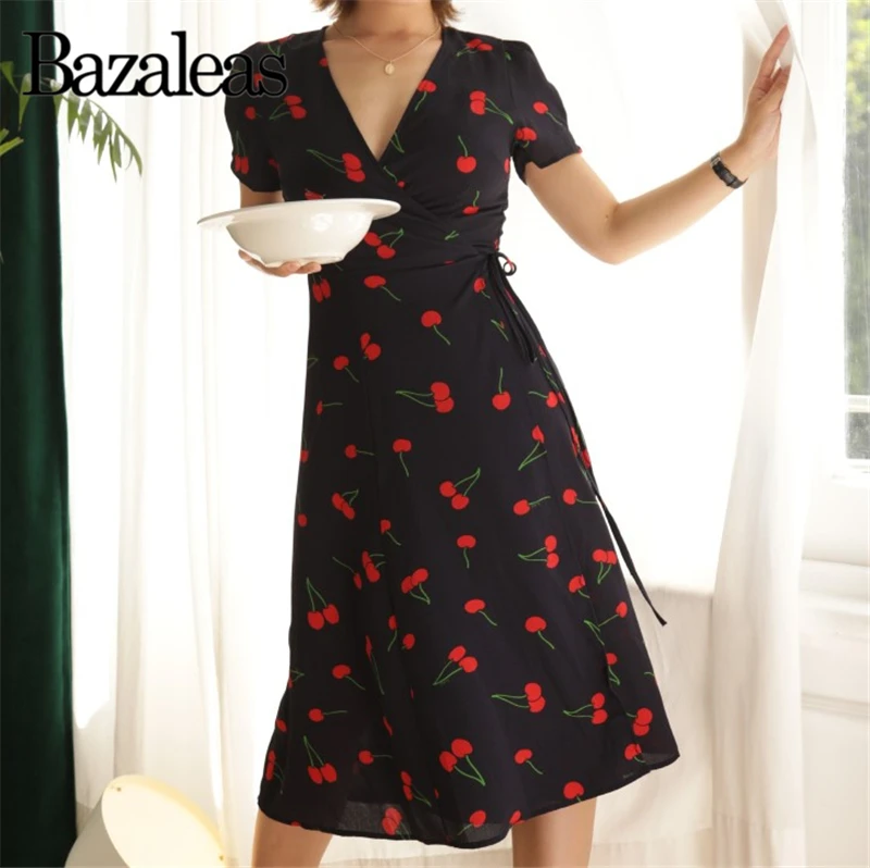 2018 Europe mid calf cherry print navy blue Dress female short sleeve tied waist dressesin