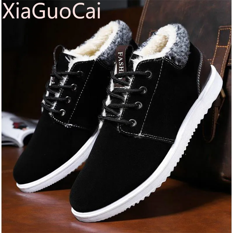 Mens Winter Shoes Casual Plus Velvet Thickening Lace Up Men's High Top Warm Shoes Solid Waterproof Fur Sneakers for Mens