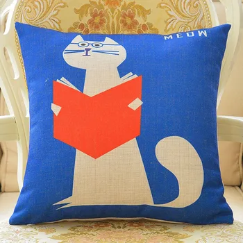 

Custom Made Cushion Cover Pillow Case Seat Lumbar Envelop for Sofa Linen Cotton 45*45cm 55*55cm White Cat Read Menu Blue
