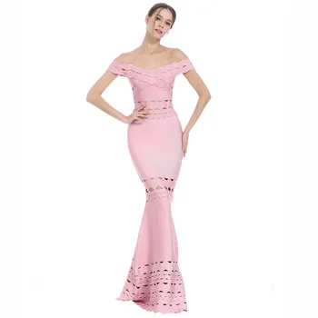 

Top quality slash neck maxi black white pink sleeveless trumpet sexy evening pub party backless women bodycon bandage dress