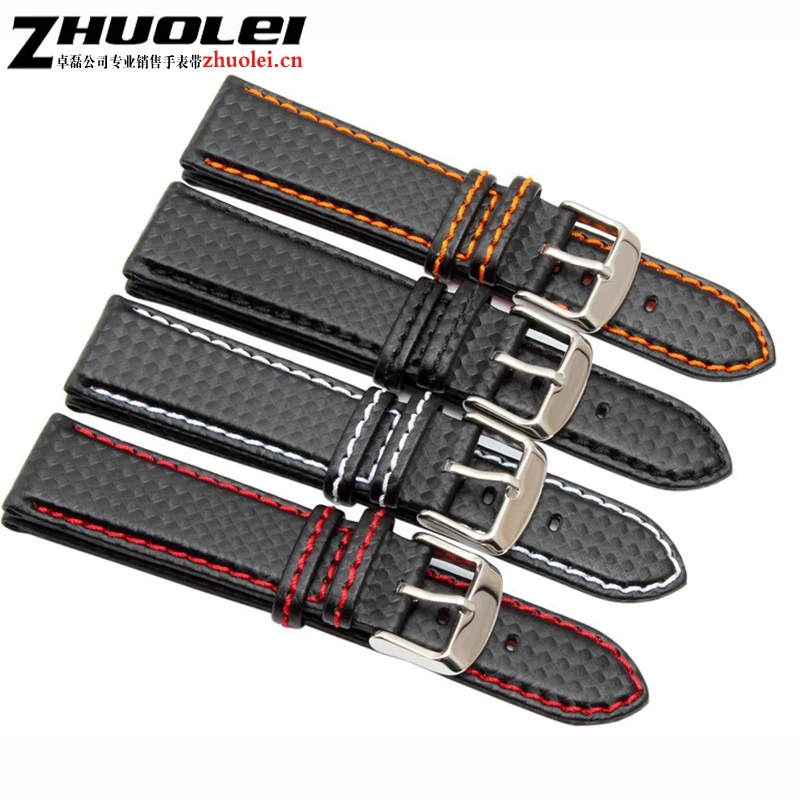 

18mm 20mm 22mm 24mm Mens Watch Band Carbon Fibre Watch Strap with Red Stitched + Leather Lining Stainless Steel Clasp watchband