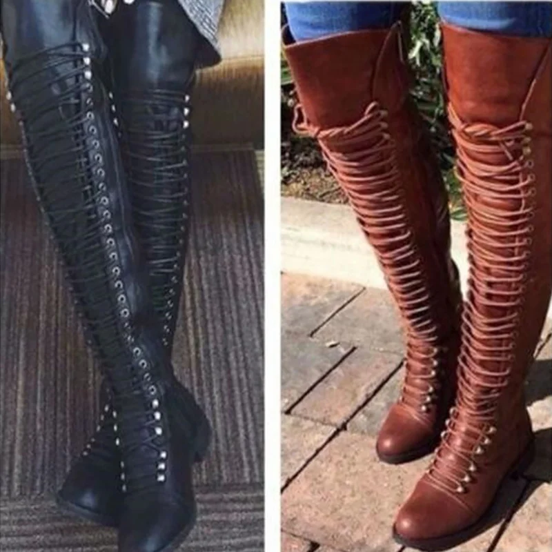 

Women's Shoes Spring/Autumn Plus Size 43 Cross-tied Solid Cozy Long Boots Female Round Toe Over The Knee Boots Ladies Super Star