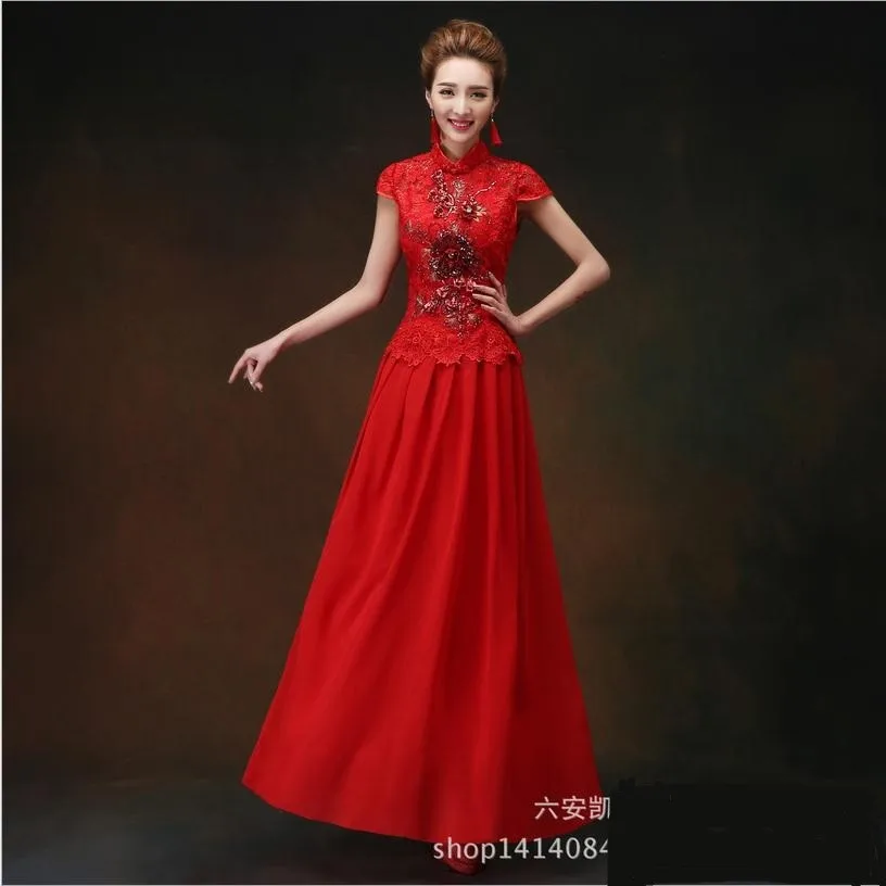 2018 бисер алмаз тонкий платье красный шить вышивка полые вырезать невесты тост костюмы Длинные cheongsam W886