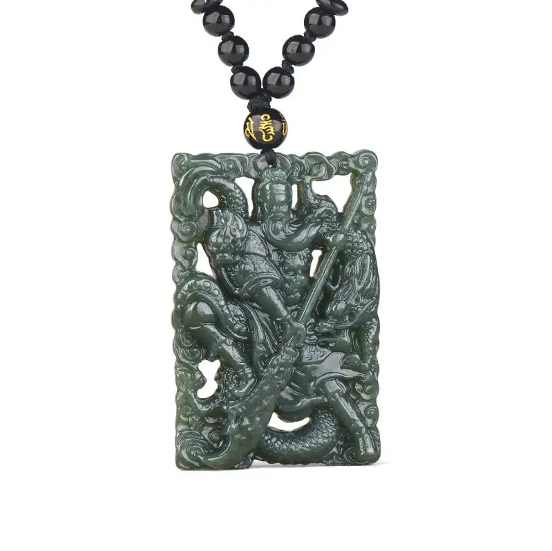 

Natural carved hetian jade Hollow Dragon QINGYU GUANGONG pendant amulet china Magical magic green pendant with necklace