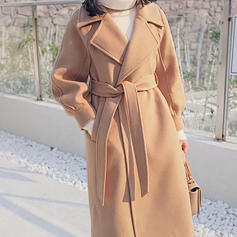 Осенне-зимнее женское длинное пальто из шерсти и смесей, 3/4, рукав-фонарик, отложной воротник, пояса, элегантная верхняя одежда женская, размер xs-xl