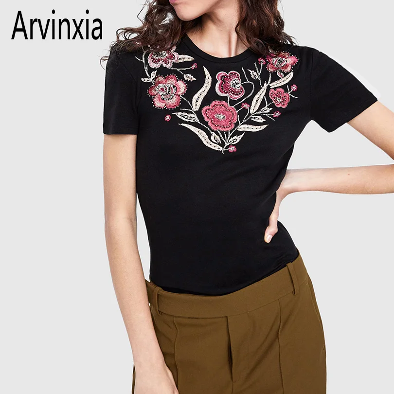 Arvinxia ZA винтажные женские футболки с цветочной вышивкой новые обтягивающие шорты