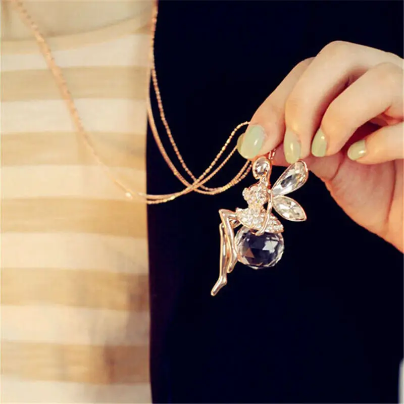 

LNRRABC 2018 Fashion Women Crystal Shiny Fairy Angel Wings Long Chain Party Pendant Necklace Sweater Chain Girls Gift