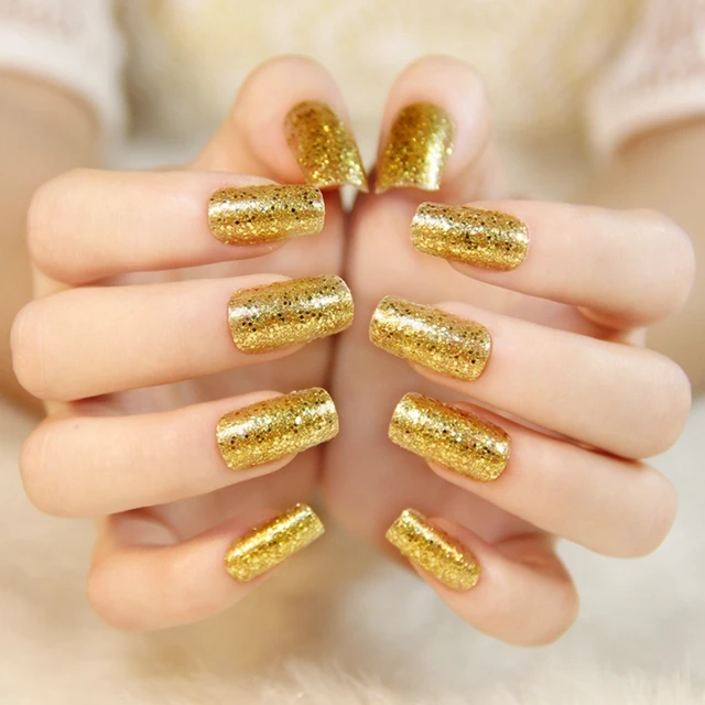 High end Glitter False Nails Queen Gold Color Pre designed Fake Nail
