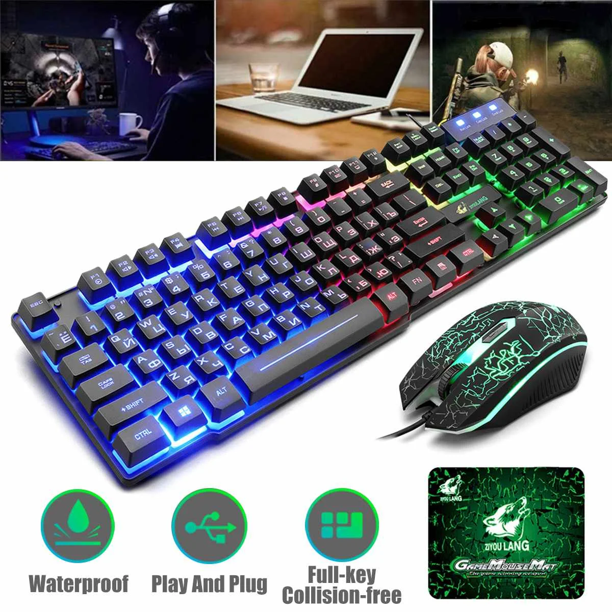 

T5 Rainbow Backlight USB Keyboard 104 keys Ergonomic Gaming English Russian Keyboard And Mouse Set for PC Laptop with Mouse Pad