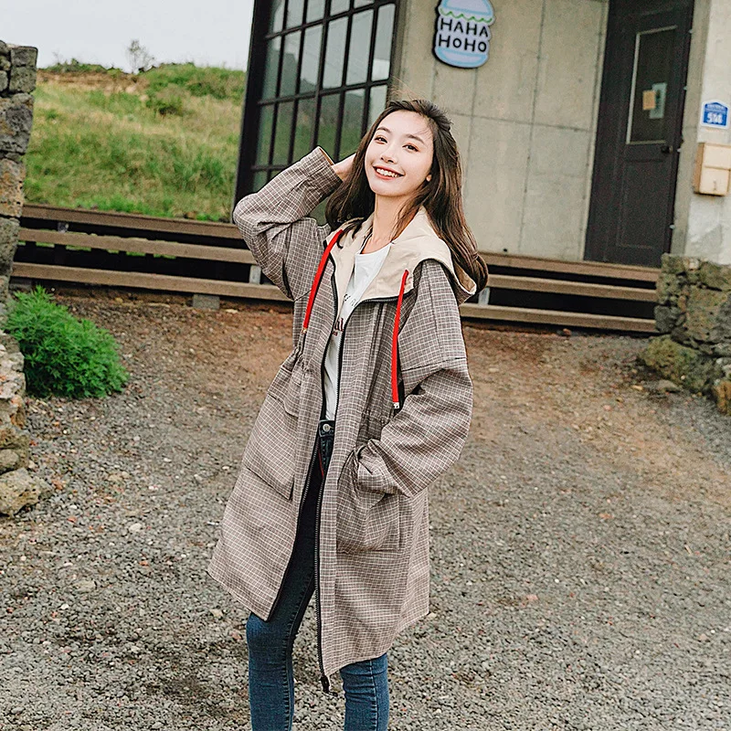 Peut Pardessus 2018 Femmes Capuchon Hoodied À Lâche Khaki Conception Nouveau Tranchée Plaid Broderie Côté Survêtement Manteau Deux Vérifier Porter wkZuOPiXT
