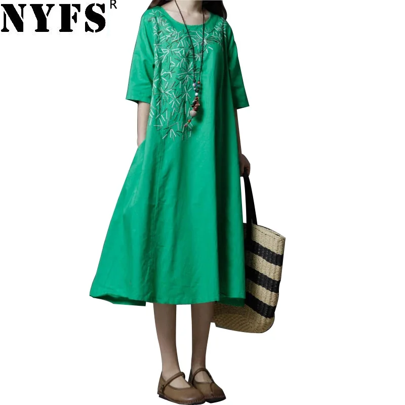 

NYFS 2019 New Summer dress Vintage long Dress Loose cotton Linen embroidered Women dress Vestidos Robe Dresses
