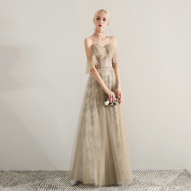 

EXNY 2019 New Elegant Spaghetti Straps Prom Dresses A Line Backless lace Tulle Formal Evening Party Dress